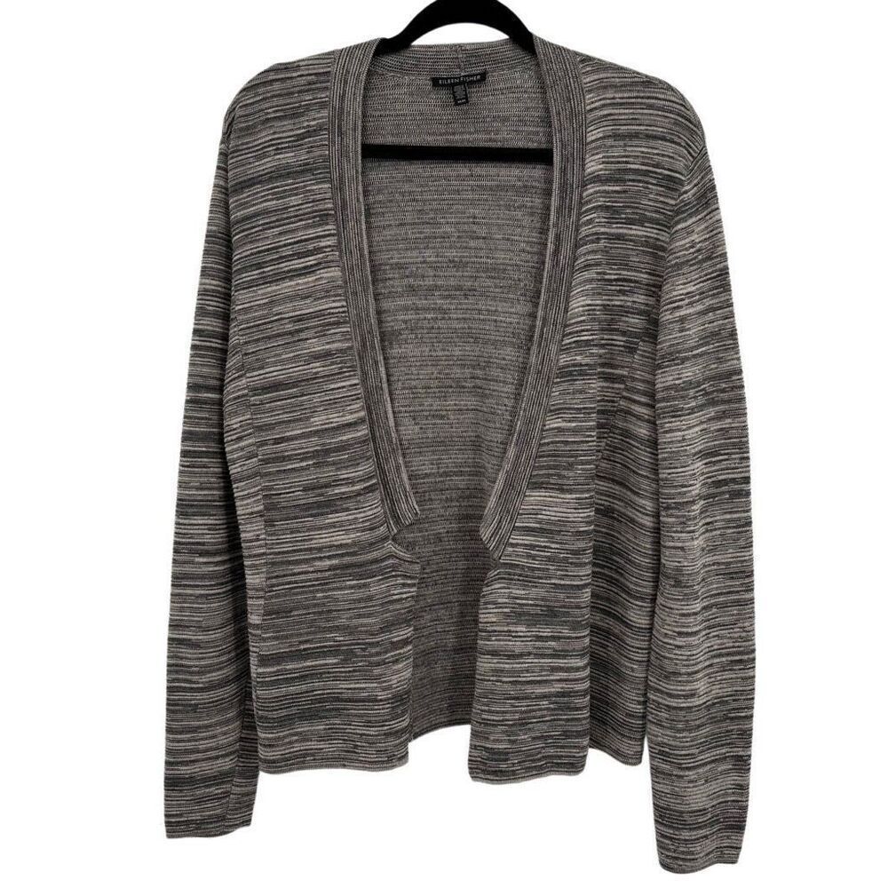 Eileen Fisher‎ Open Front Organic Cotton Cardigan Sweater Gray/White Medium